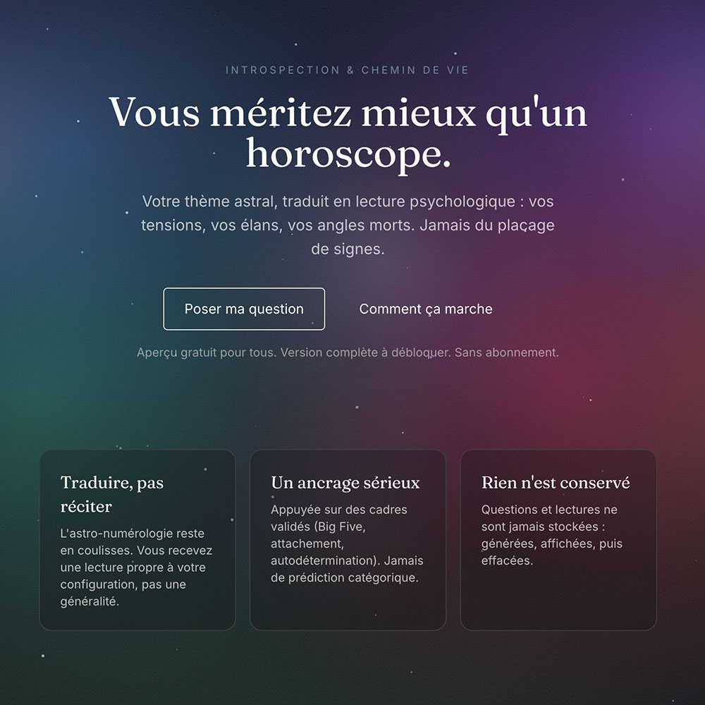 Landing page Filigrane — fond cosmique et typographie serif